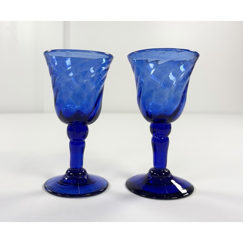 2 Vintage 70s Mexican Hand Blown Cobalt Blue Wine Glass Goblets Swirl‎ Art Glass